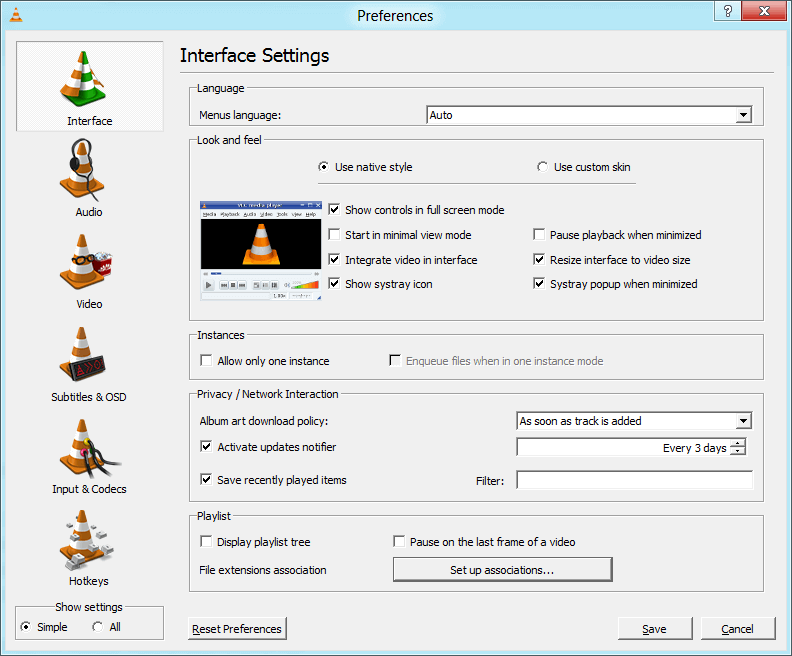 redefina as preferências do VLC