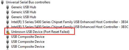 Desconhecido USB Dispositivo Porta Redefinir Falhou